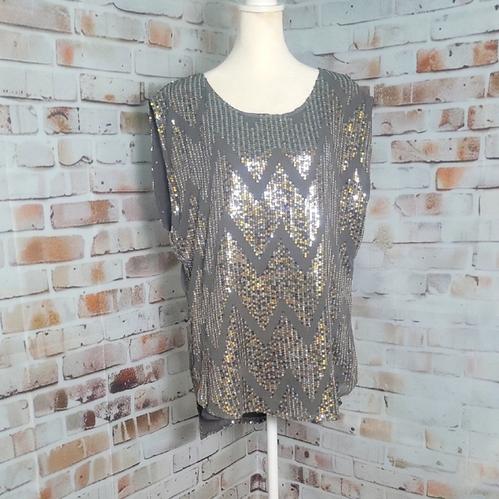 Jenny Han 100% SILK Silver Relaxed Sequin Tunic Medium